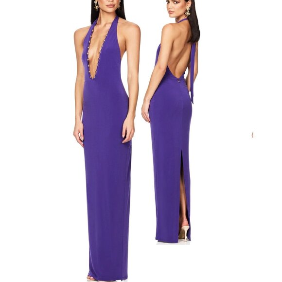 NWT NOOKIE EMPIRE HALTER BACKLESS COCKTAIL GOWN DRESS IN PURPLE SIZE S